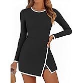 Fisoew Women's Workout Tennis Dress with Built-in Bra & Shorts Pockets Long Sleeve Crewneck Golf Athletic Mini Dresses