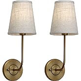 Pathson Set of 2 Vintage Wall Sconces Linen Fabric Shade, Hardwired Bathroom Vanity Lights Brass Finish, Industrial Wall Moun