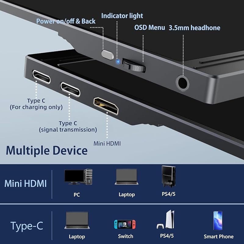 15.6" Portable Monitor USB-C Display, 1080P HDR, with Stand Cover