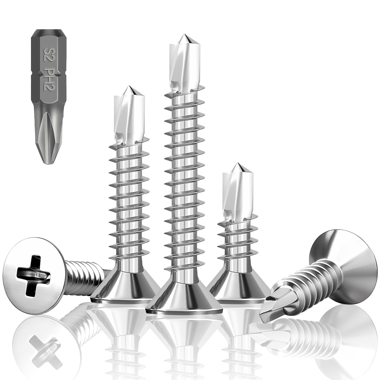 HXJDAM 200 pcs Self Tapping Screws metal, M4.2x16mm Self Drilling Screws, 410 Stainless Steel Cross Countersunk screws with driver bit used For Metal, Wood, Plastic, Etc.