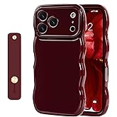NITITOP Compatible for iPhone 17 Pro Case Cute Simple Wave Design Stylish Wavy Curly Frame with Wrist Adjustable Hand Strap Kickstand Grip Holder Soft Silicone Protective Cover - Wine Red