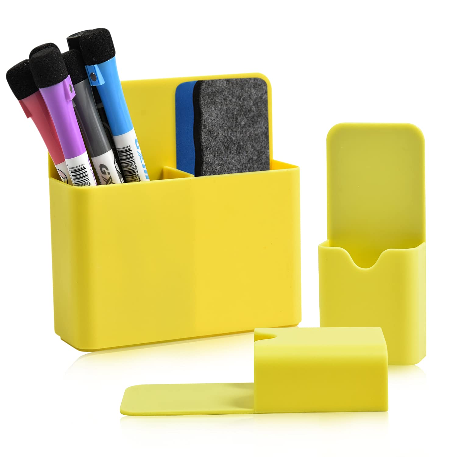 3 Pack Magnetic Pencil Holder, Magnetic Dry Erase Marker Holder, Pen and Eraser Holder for Whiteboard, Magnet Pencil Cup Storage Organizer for Office, Refrigerator, Locker and Metal Cabinets(Yellow)