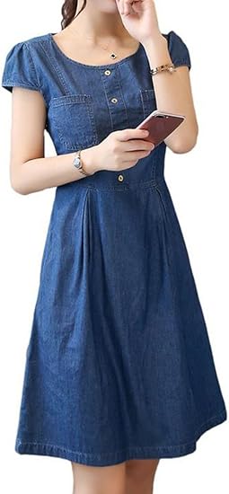 Amazon Co Jp Mengfan レディース ワンピース 通勤 半袖 丸首 ファッション ショートワンピース ハイウエスト 修身 夏 Aライン ボタン 薄手 デニム ドレス ファスナー 上着 服 ファッション小物
