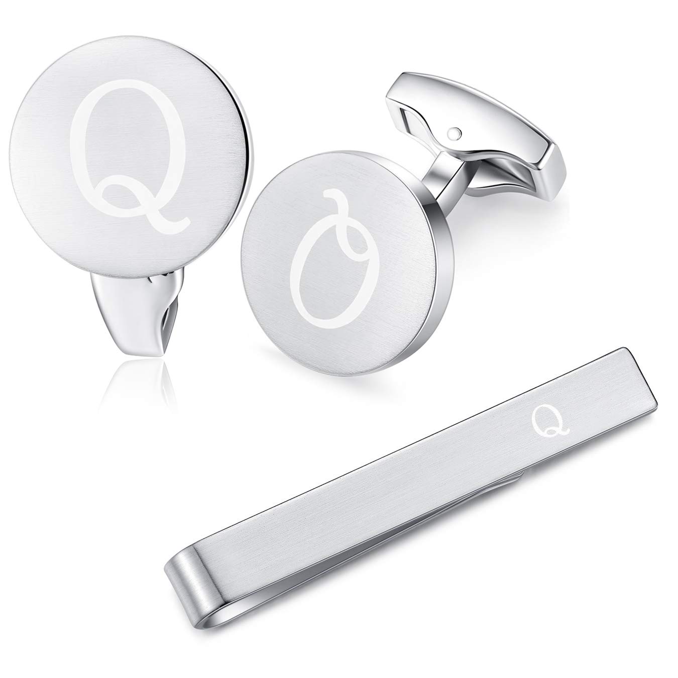 HONEY BEAR Initial Alphabet Letter Cufflinks Skinny Tie Clip Set for Mens Shirt - Brushed Silver Round Stainless Steel, for Skinny Narrow Tie Business Wedding Gift,Brushed Silver (Q)