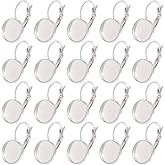 SUNNYCLUE 1 Box 30 Pairs Stainless Steel Earring Bezels Leverback Earring Blanks Silver 12mm Flat Round Tray Settings Hooks Findings for Ear Ring Wire DIY Jewelry Making Crafts Trendy Gifts Women