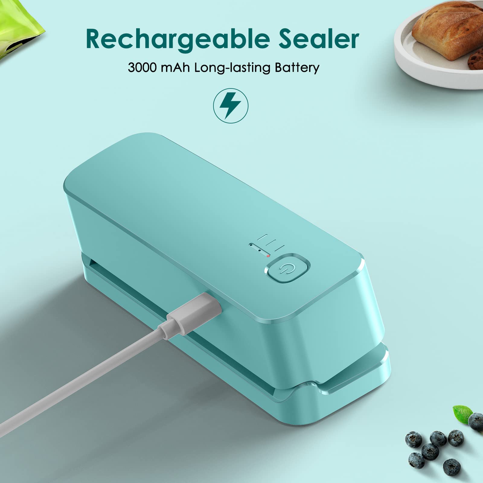 FEPPO Bag Sealer, Mini Bag Sealer 3000mAh Rechargeable Quick Heat Sealer with 3 Sealing Gear & 3.93