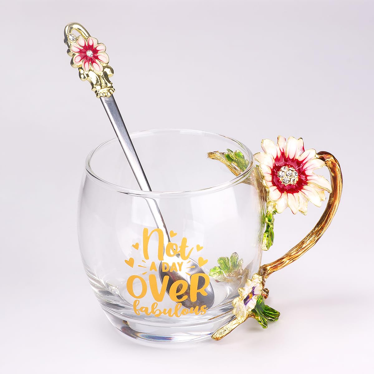 PPEA Gifts Ideas for Mom Women Ladies Mothers Day Handmade Enamel Butterfly Flower Glass Coffee Mugs Tea Cup with Spoon Set Christmas Presents Valentines Day (Not a Day-Short)