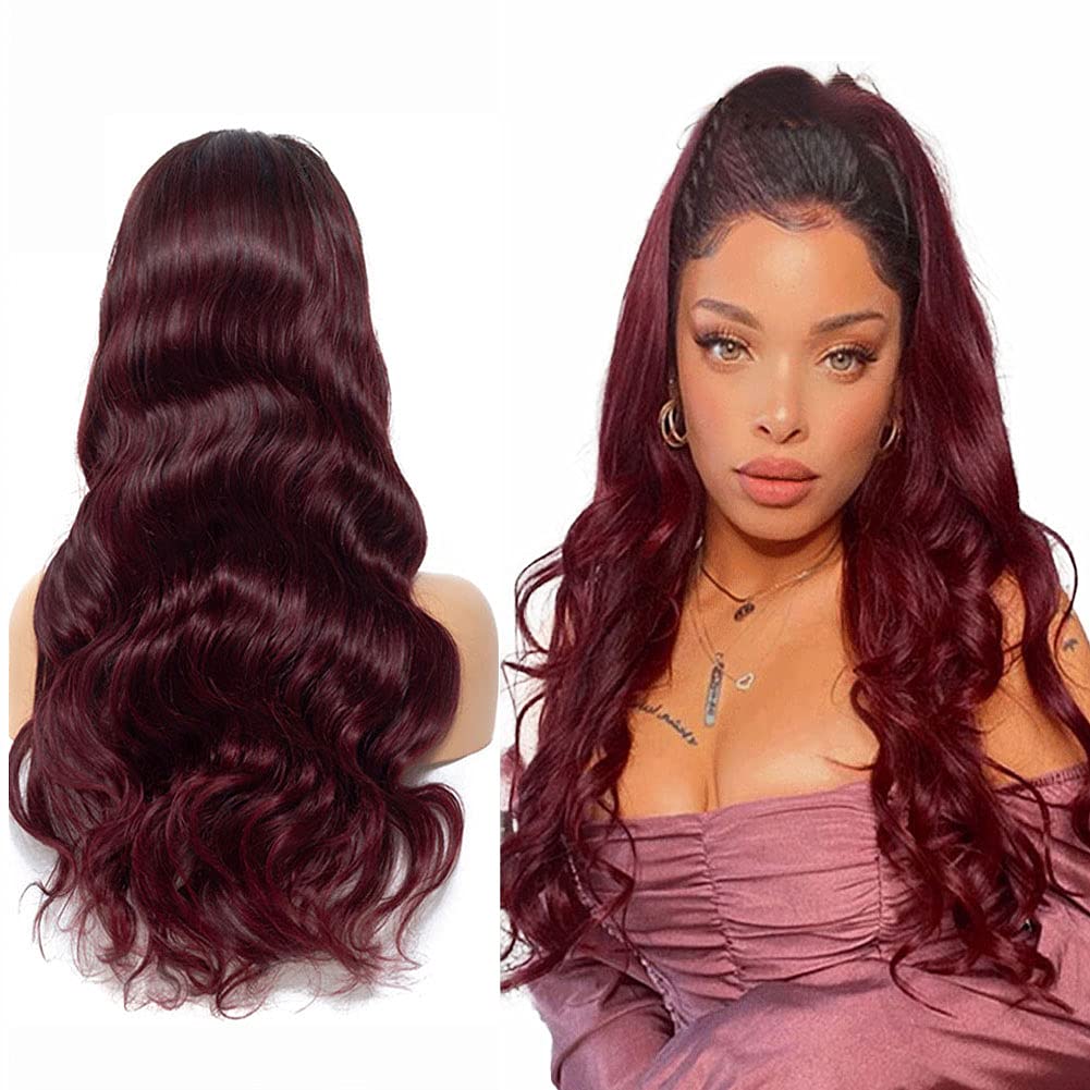 Remy Wig Human Hair Lace Front Wigs Human Hair Ombre 1b99j Colored Body Wave Wig 13x4x1 Middle Part Lace Front Human Hair Wigs With Baby Hair Bleached Knots Glueless Wig 130% Density 18 Inch