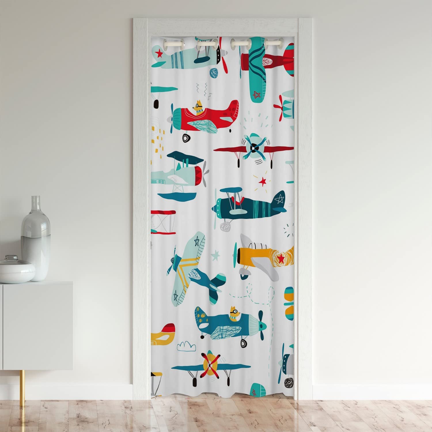 Loussiesd Aircraft Door Cover Privacy Curtain For Kids-Boys Girls Cartoon Helicopter Flying Plane Thermal Curtains For Bedroom Closet Room Divider-106x203cm1Panel