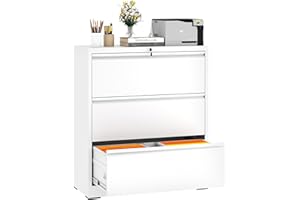 DARTIIA 3 Drawer Lateral File Cabinet with Lock, Metal Filing Cabinets for Home Office, Steel Storage Wide File Cabinet for Letter/Legal/F4/A4 Size with Hanging Bars, Require Assembly(White)