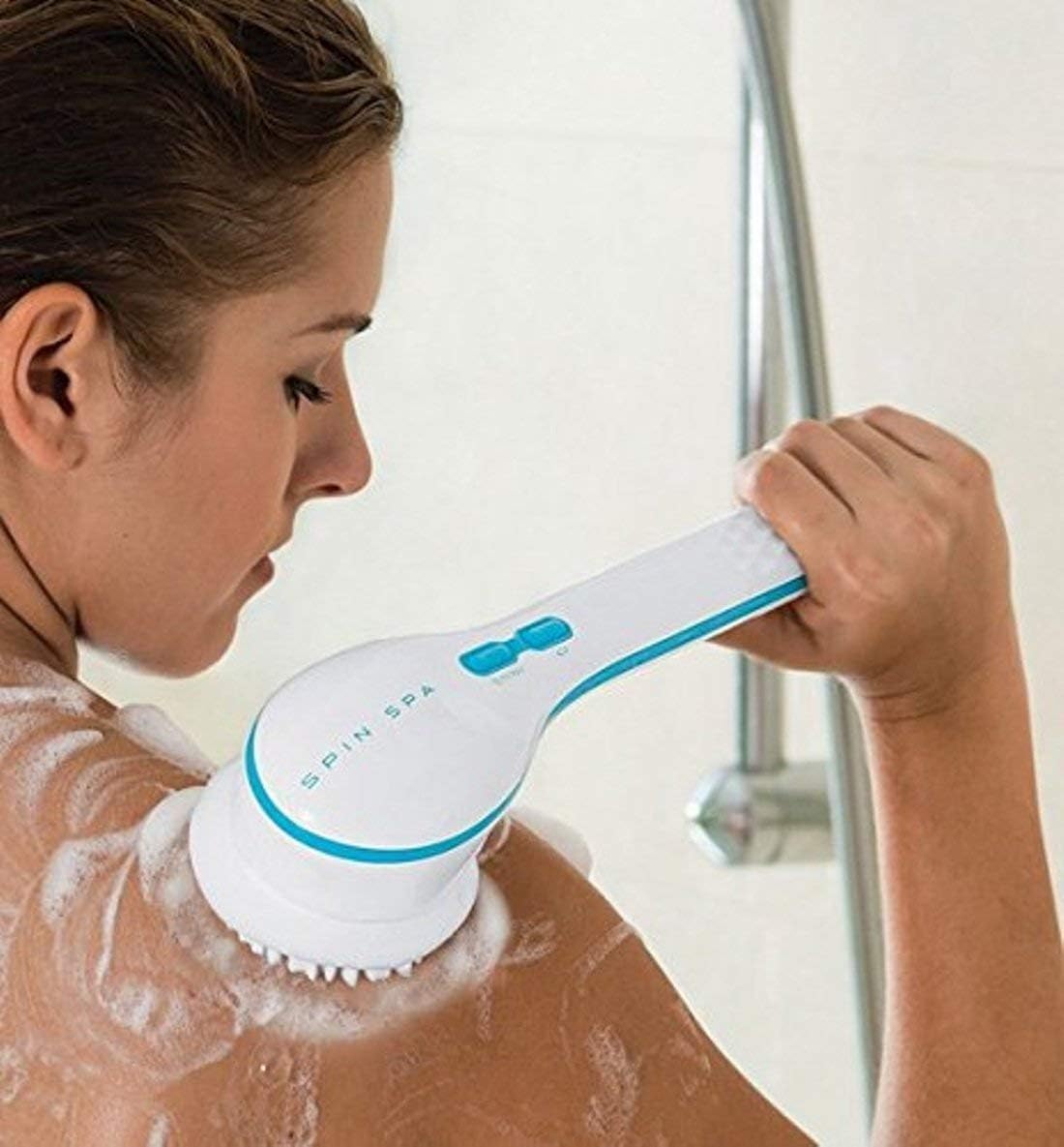 GNEY 5 in 1 Electric Bath Spin Spa Massage Shower Brush Cleaning System Long-Handle (White and Blue)