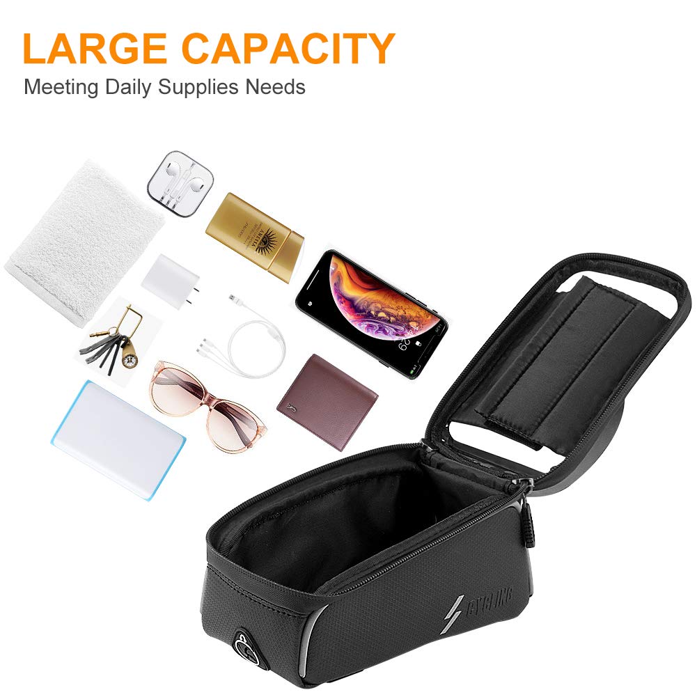 YEHOBU Bicycle Bag for Phone, Handlebar Bag, Bike Front Frame Storage Bag, Sun Visor Waterproof Touch Screen Bag, Cycling Holder Bag for 6 inches Phone (Black)