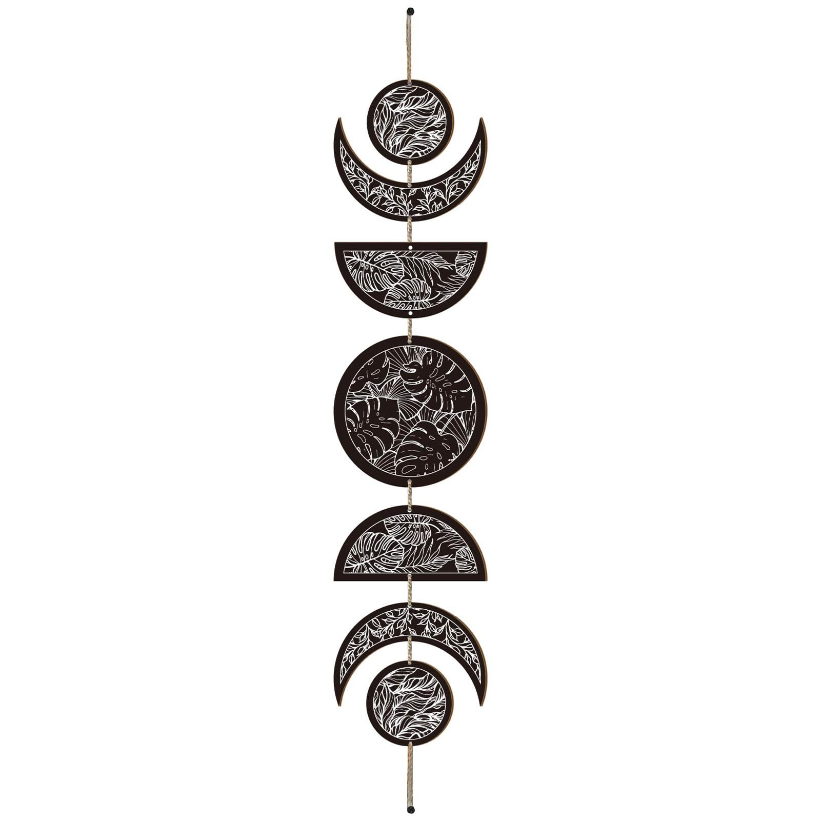 CREATCABIN 7pcs Moon Phase Wall Hanging Boho Decor Wooden Wall Art Witchy Decor Rustic Black Wood Farmhouse Sign Decorative for Gallery Ornament Apartment Bar Living Room 6.3 x 37.1 Inch(Leaf)