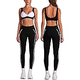 ABOCIW Two Piece Workout Sets for Women Contrast Trims Twist Front Sports Bra High Waist Leggings with Pockets