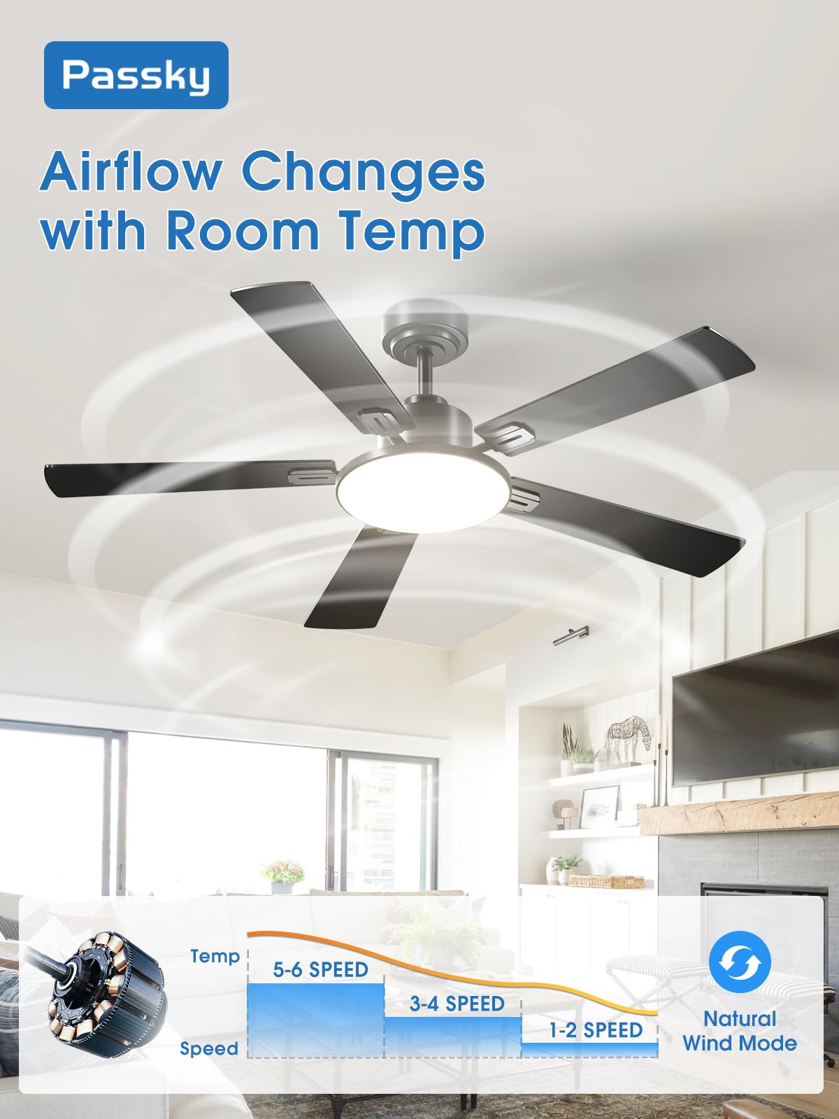 Ceiling Fans with Lights, 52 inch Sleek Ceiling Fan with Light and Remote Control, 3CCT, Dimmable, Reversible, Noiseless, Black Ceiling Fan for Bedroom, Living Room