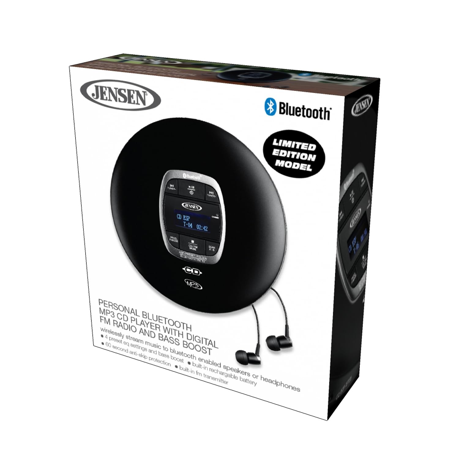 Jensen Professional Portable CD Player with Bluetooth | CD-R/RW MP3 Playback | FM Radio | Mega Bass Boost | Pro in-Ear Wired Earbuds | (Matte Black Edition)