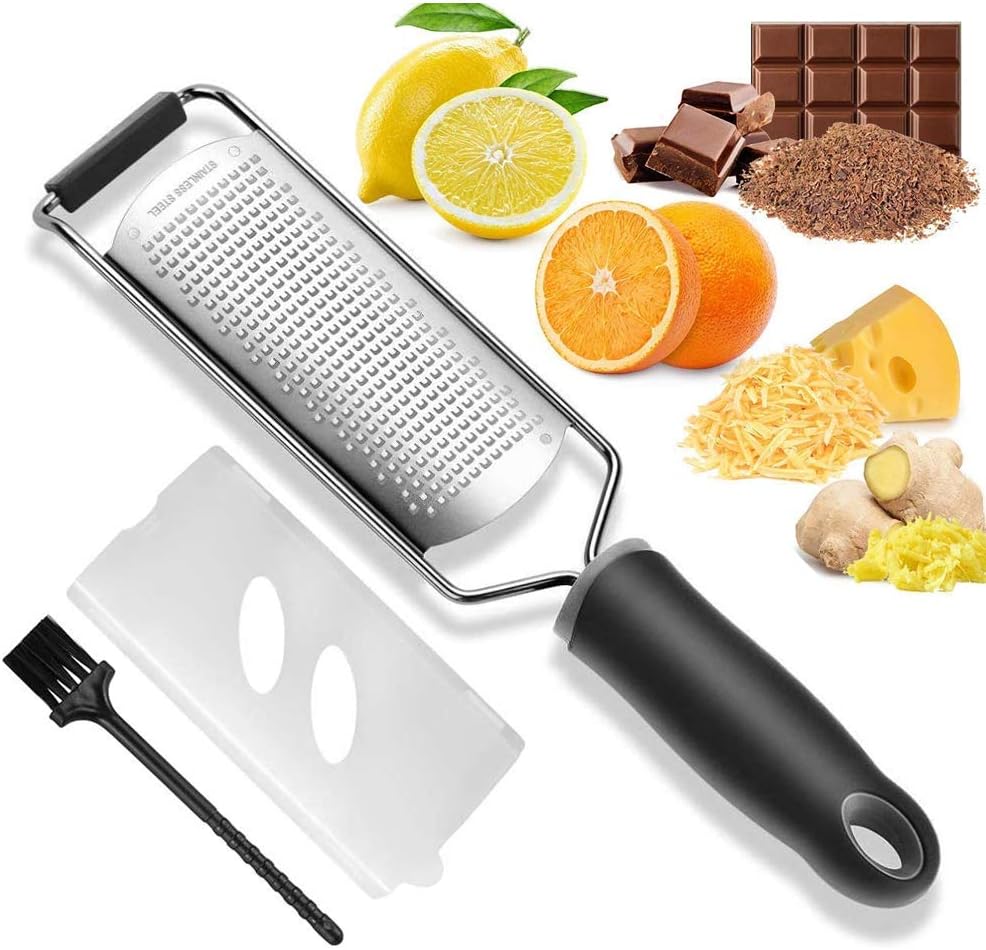 [Upgrade Version] Rantizon Zester, Larger Cutting Surface, Safe Edges, Stainless Steel Citrus Grater for Cheese, Lemon, Ginger, Chocolate with Protective Cover, Free Cleaning Brush, Dishwasher Safe
