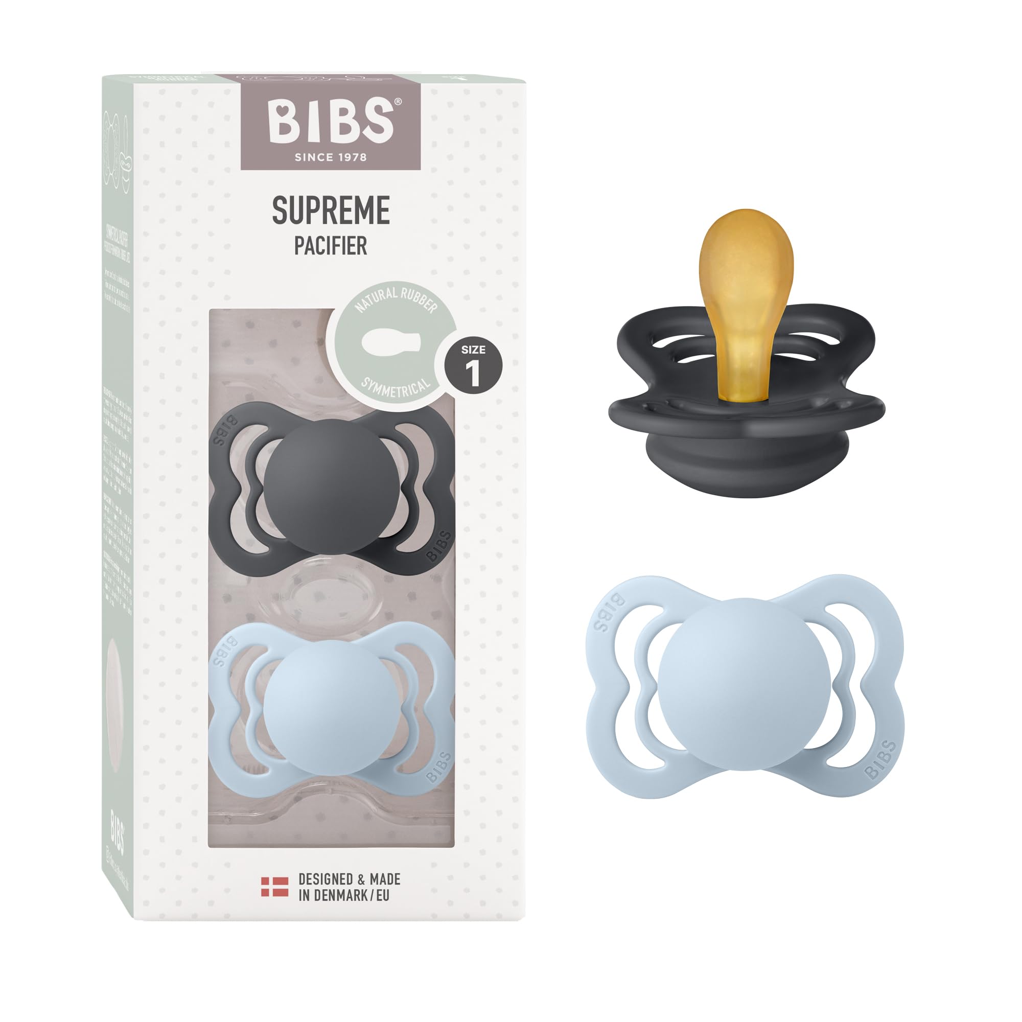 BIBS Supreme Soother 2-Pack, BPA Free Dummy Pacifier, Symmetrical Nipple. Natural Rubber Latex, Size 1 (0-6 Months), Iron/Baby Blue