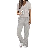 Ekouaer Pajama Sets for Women Short Sleeve Pj Set V Neck Sleepwear Chest Pocket with Long Pants Casual Loose Loungewear