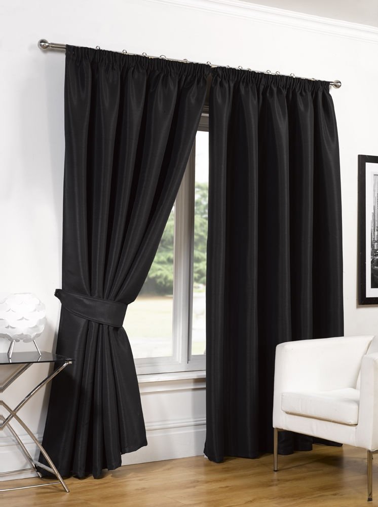 RAYYAN LINEN Thermal Pencil Pleat Blackout Tape Top Pair of Curtains With Free Tiebacks (66" X 90", Black)