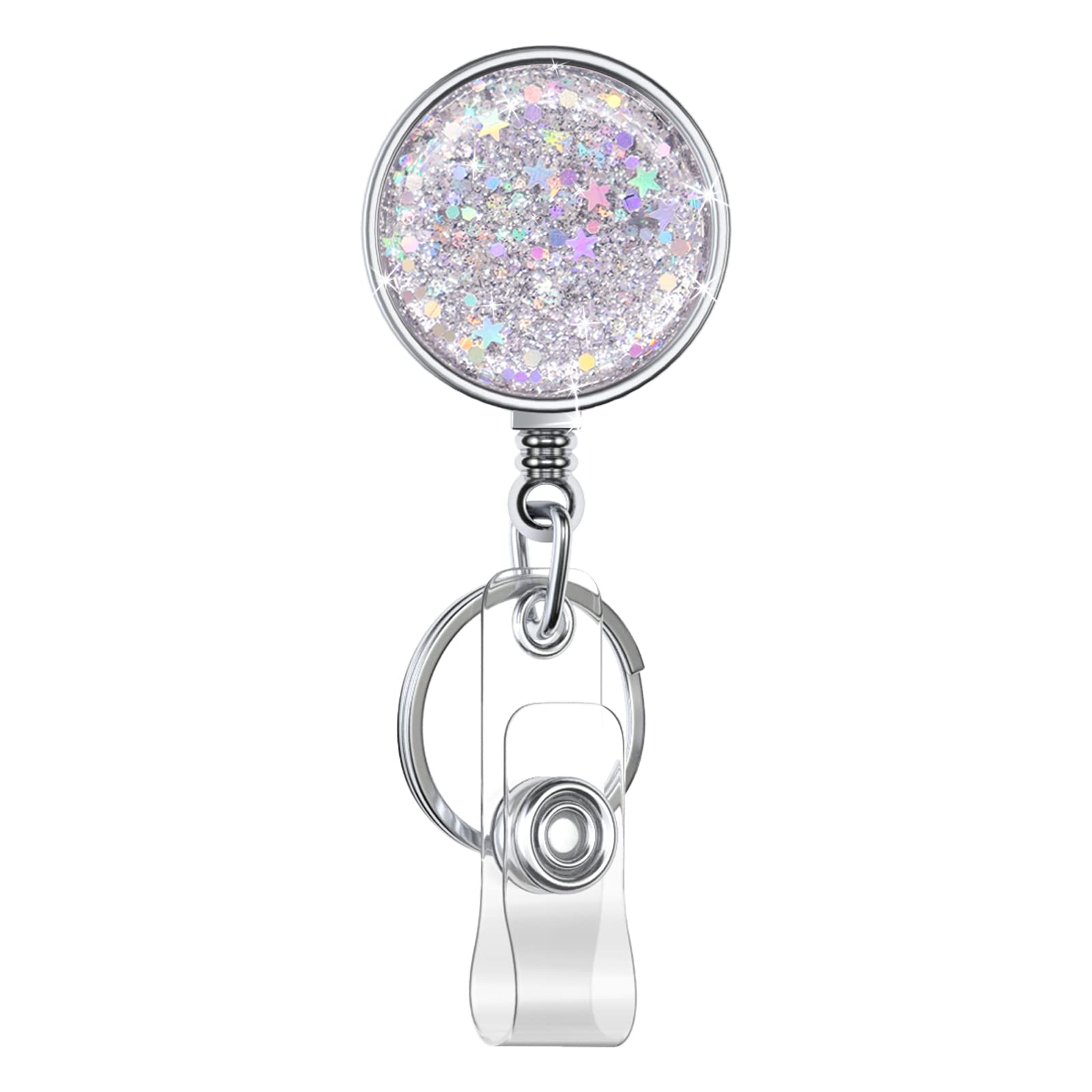 Retractable Badge Holder, Lightweight Plastic Badge Reel Retractable Card Holder with Key Ring Backing Belt Clip for Nurse,Volunteer,Teacher,Student,Office (1 Pack Silver-UK) — image 1