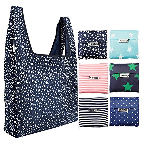 Foldable Reusable Grocery Bags 6 Pack Holotap Folding Shopping Tote Bag Fits in Pocket Nylon Reusable Produce Bags Washable, Durable and Lightweight (Multi Color)