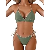 Aidonger Bikini Set for Women Sexy String Two Piece Swimsuit Halter Triangle Shell Stitched Bathing Suit