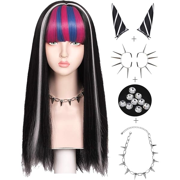 Amazon.com: ColorGround Necklace and Earings Wig Set Long Black