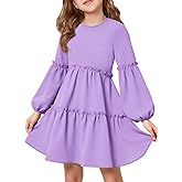 Girls Lantern Long Sleeve Dress Kids Flowy Tiered Ruffle Crewneck A-Line Fall Dresses 5-14 Years