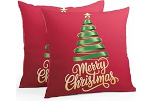 Boanket Red Christmas Tree Outdoor Pillow Covers 18 x 18 Inches, Green Xmas Tree with Star Waterproof Throw Pillow Cover Set of 2, Christmas Red Decorative Square Cushion Covers for Patio/Couch/Garden