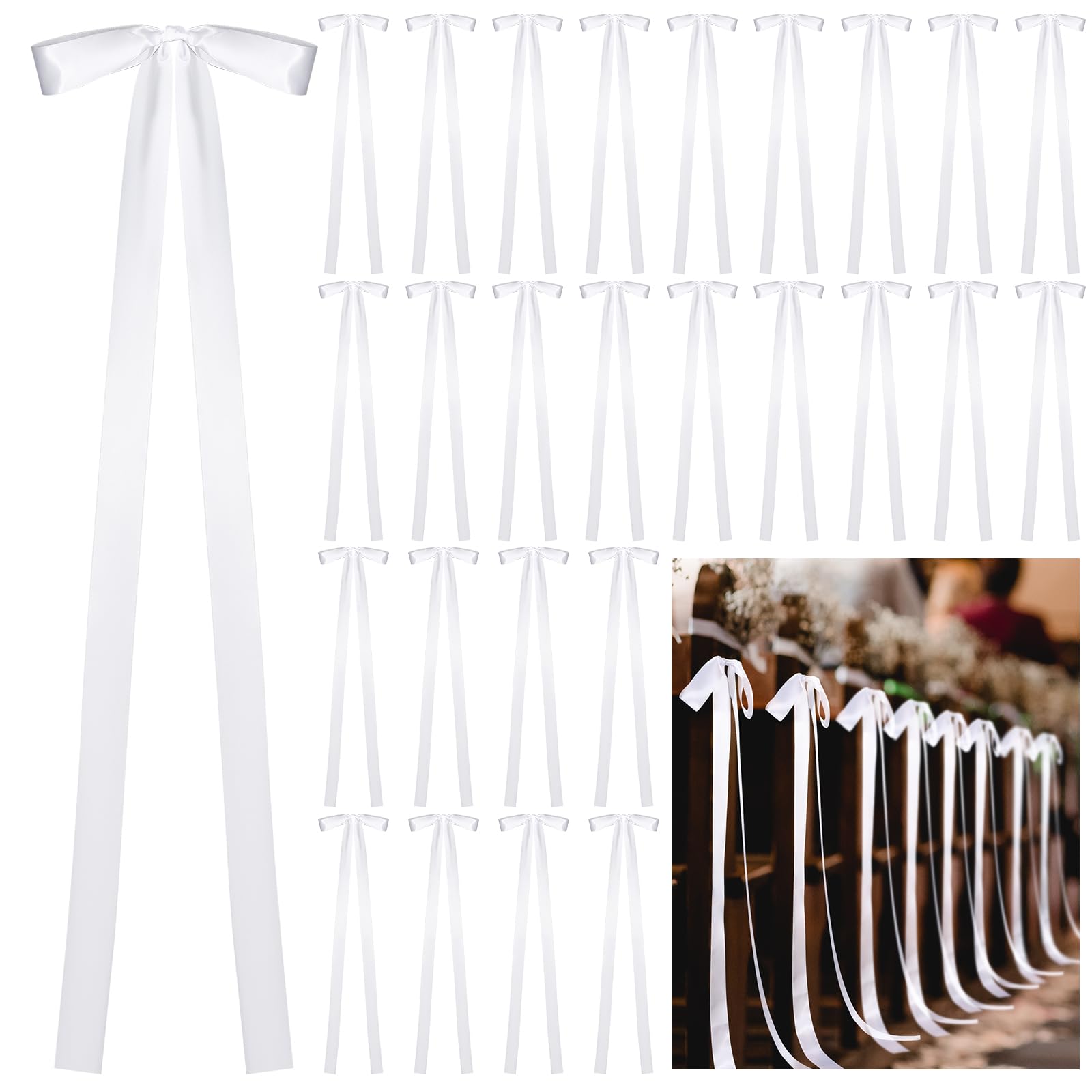 Photo 1 of Wavwavw 24 Pcs Large Wedding Ribbon Bows with Long Tails 10 x 36 Inch Wedding Aisle Decor Bows Ribbon Bows On Wedding Chairs Wedding Background Decor for Bridal Shower Reception Wedding Ceremony