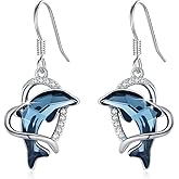 Dolphin Earrings for Women 925 Sterling Silver Blue Crystal Infinity/Heart Dolphin Earrings Animal Beach Jewelry for Women