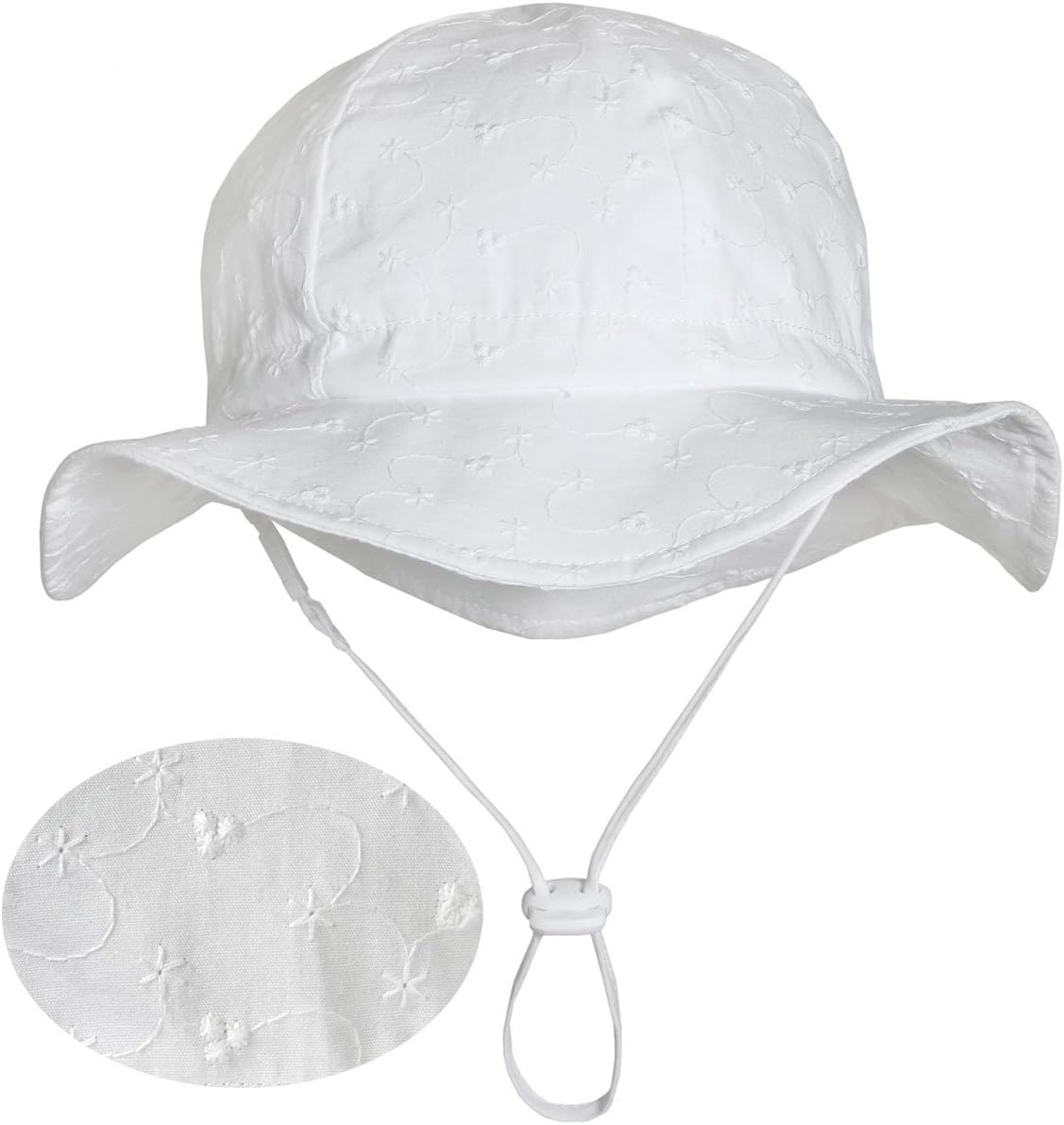 Eyelet Toddler Sun Hat 50+ UPF Cotton Size Adjustable + Chinstrap(M: 9m - 3Y, White eyelet)