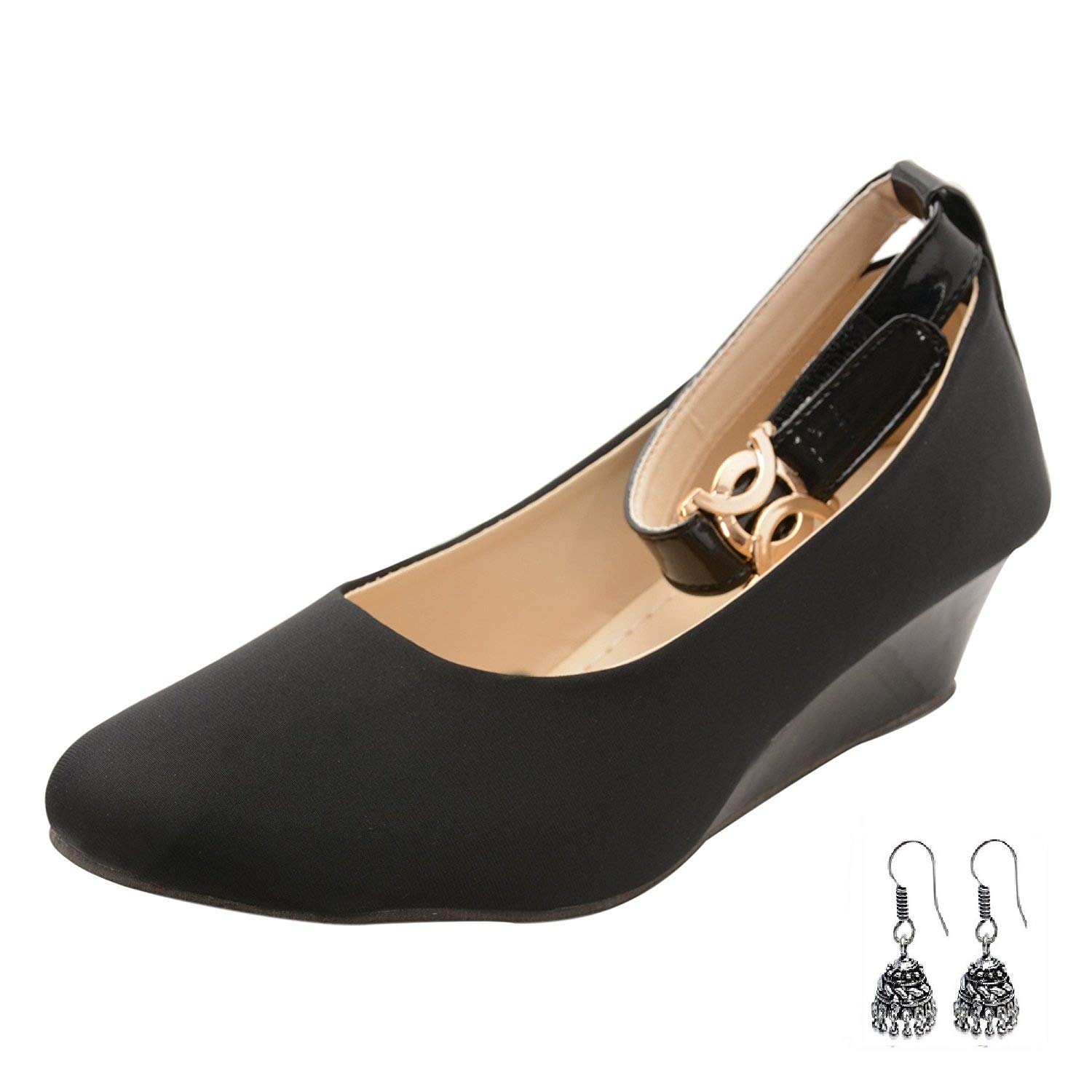 babes women's black designer fashionable lycra platform bellies with dutch heel with 1 pair of ear rings
