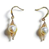 Mystvale Women's 18K Gold Plated Baroque Pearls Dangle Drop Earrings | Freshwater pearls white and pink, vintage style, wire-Wrapped, hypoallergenic lightweight, versatile daily wear, great gift