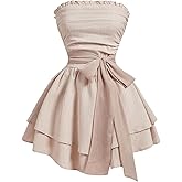 SOLY HUX Women's Strapless Tube Dress Bow Front Sleeveless Tiered Layered Ruffle Hem A Line Short Dresses