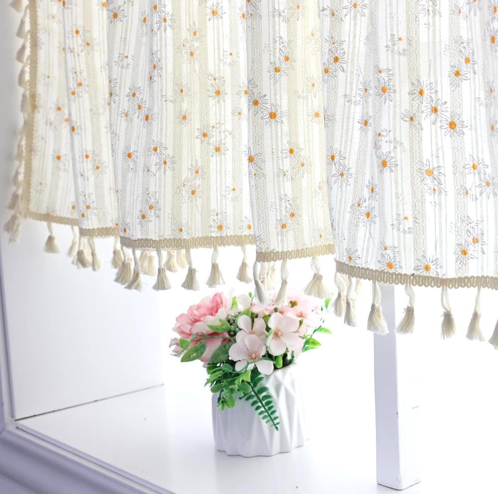 ArtisticHome Short Daisy Cafe Curtain, Romantic Elegant Half Valance, Embroidered Floral Cafe Curtain for Living room Bathroom Window Treatment(140W x 30Drop)