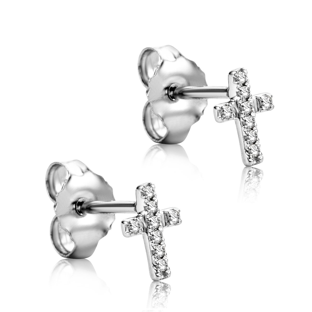 Orovi Cross White Gold Earrings for Women with Diamonds in 9 Carat Gold, Hypoallergenic Earrings - Handmade studs with jewellery box
