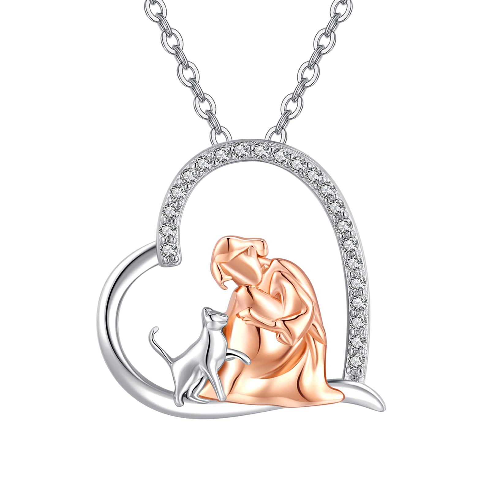 TANGPOET Cat Necklace 925 Sterling Silver Heart Animal Pet Necklaces Cat and Girls Pendant Jewellery Gifts for Women Ladies Girls