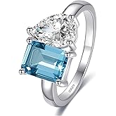 Yaresul Toi Et Moi 925 Sterling Silver Women Engagement Ring 14K Gold Plated 1.5ct 6x8mm Double Stone Emerald & Pear Aquamarine Cut Wedding Band Width 2mm Size 5-9
