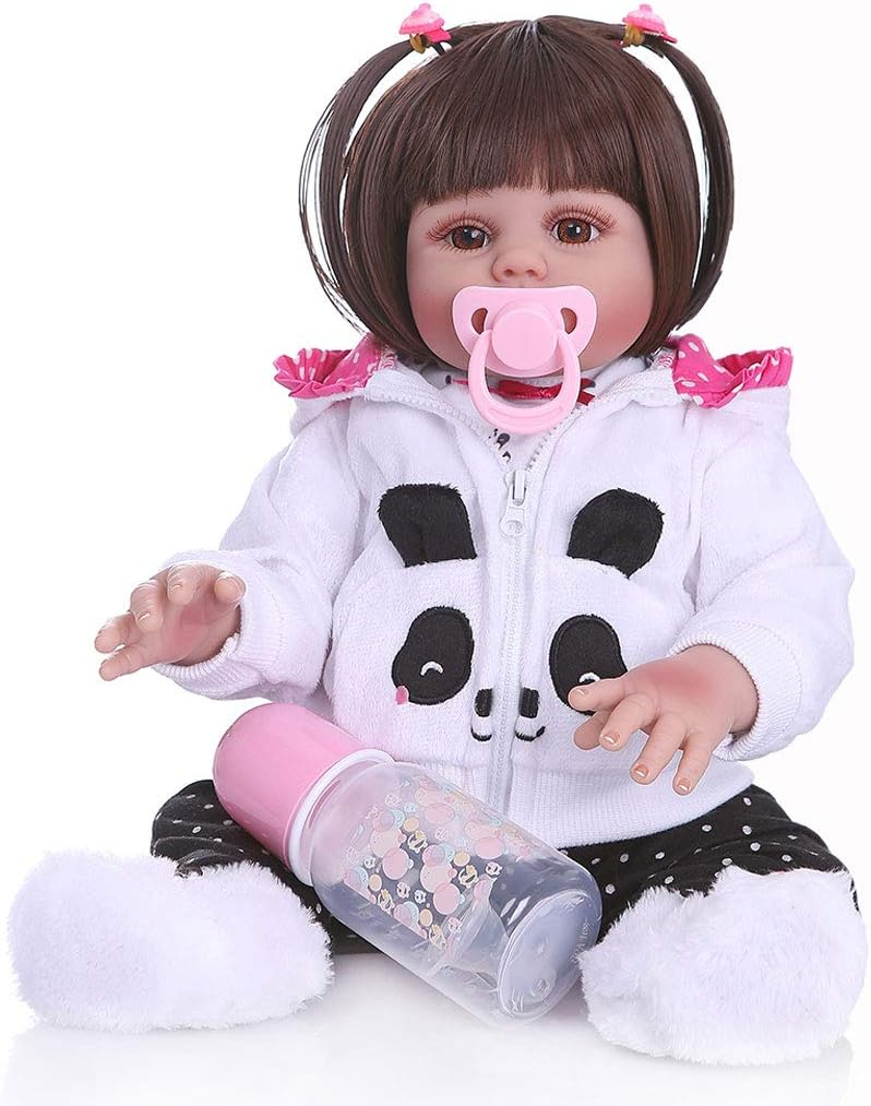 TINGSHOP Straight Hair Reborn Baby Doll 48CM Full Body Vinyl Silicone Girl Toddler Doll Girl in Panda Dress Full Body Soft Silicone Realistic Flexible Baby Bath Toy for Age 3+