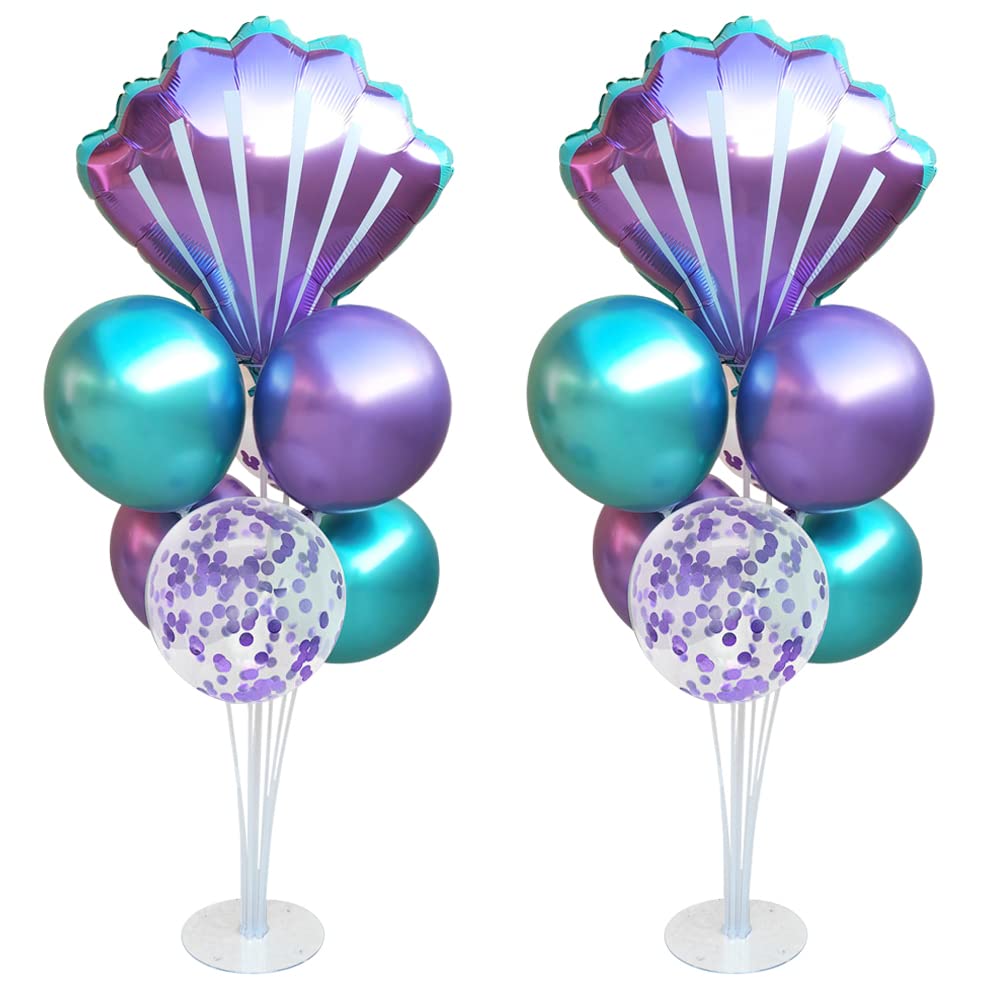 Photo 1 of Mermaid Table Centerpiece Balloons Stand Kit 2 Sets with 2 Sea Shells Foil Balloons 14 Purple Blue Latex Balloons for Birthday Beach Mermaid Theme Sea Theme Party Mermaid Birthday Decorations