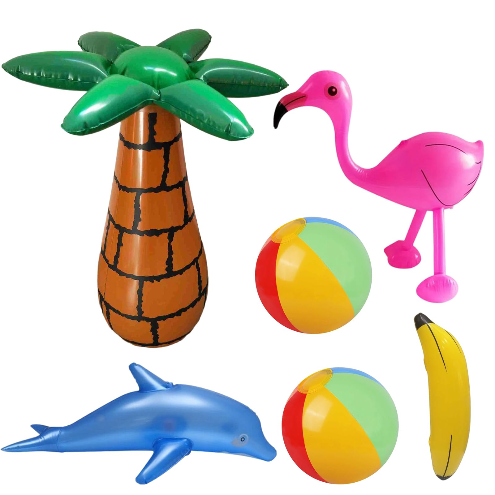Inflatable Pool Toys, 6-Pack Tropical Party Decorations, Outdoor Game Toys Adult for Summer Pool Flamingo, Dolphin, Banana and Beach Balls Beach Luau Hawaiian Themed Parties Decorations Props