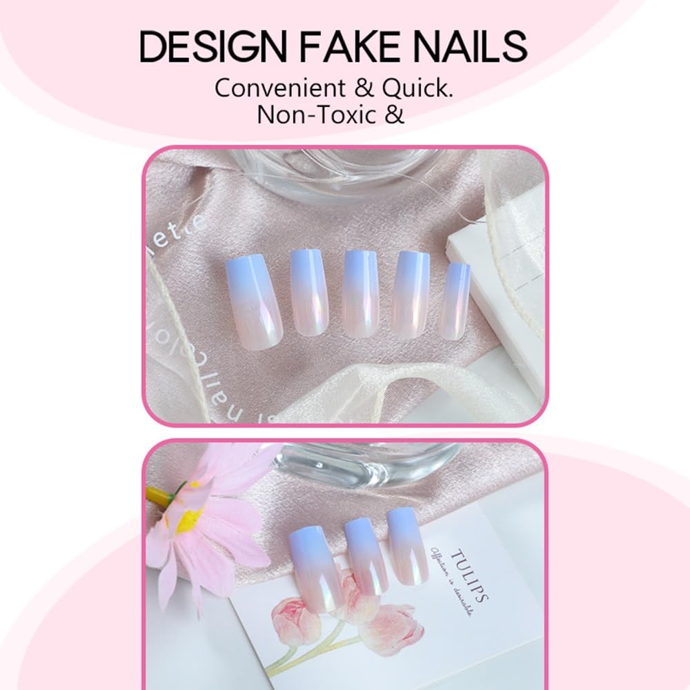 Press on Nails Square Medium Fake Nails Blue Ombre Glue on Nails Chrome Acrylic Nails Press ons Glossy Full Cover Stick on Nails with Bling Design Artificial Nails for Women Manicure Kit 24Pcs - Image 3
