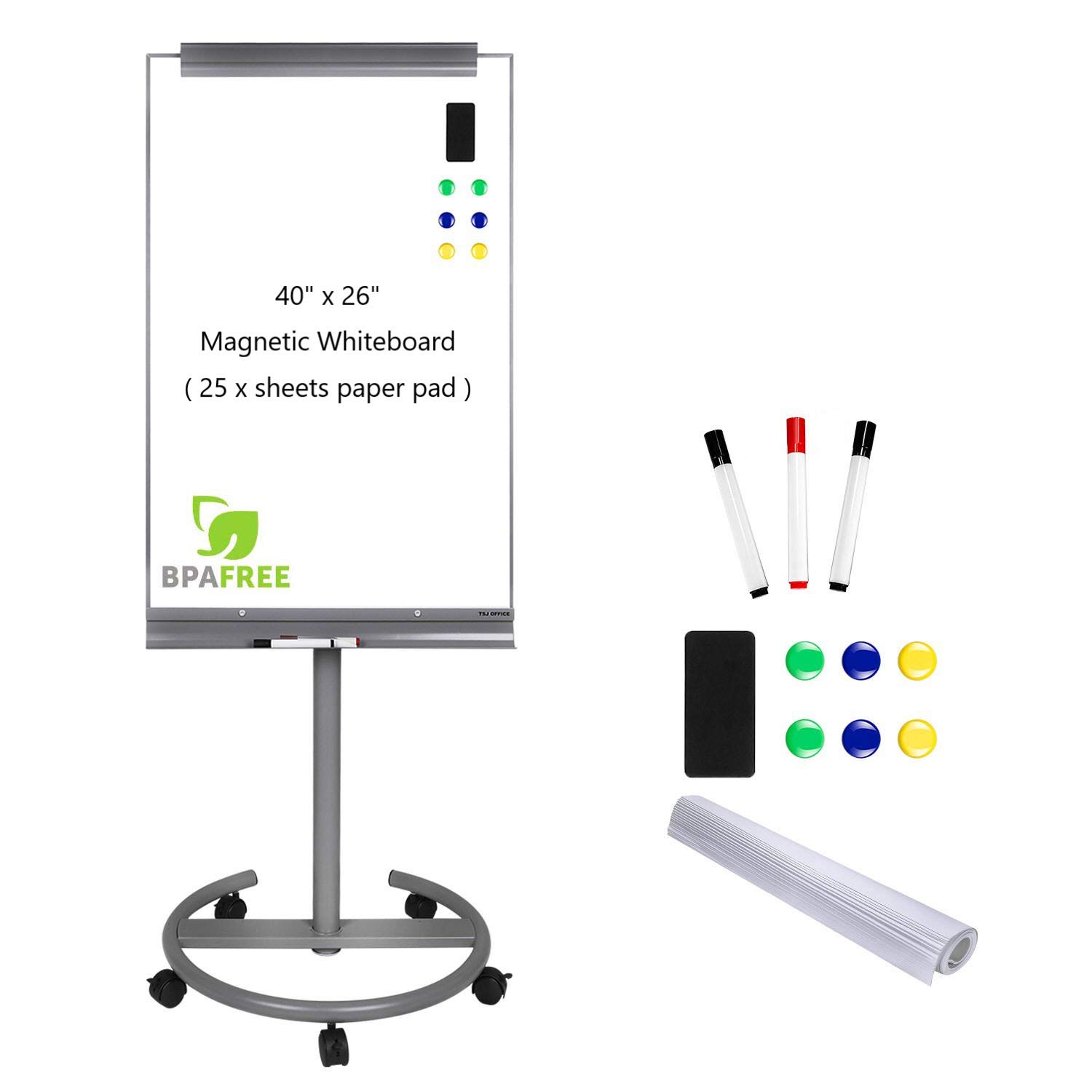 Magnetic Mobile Standing Whiteboard - 40 x 26 Inches Dry Erase White Board Tripod Whiteboard with Rolling Stand Flipchart Easel Height Adjustable by TSJ Office