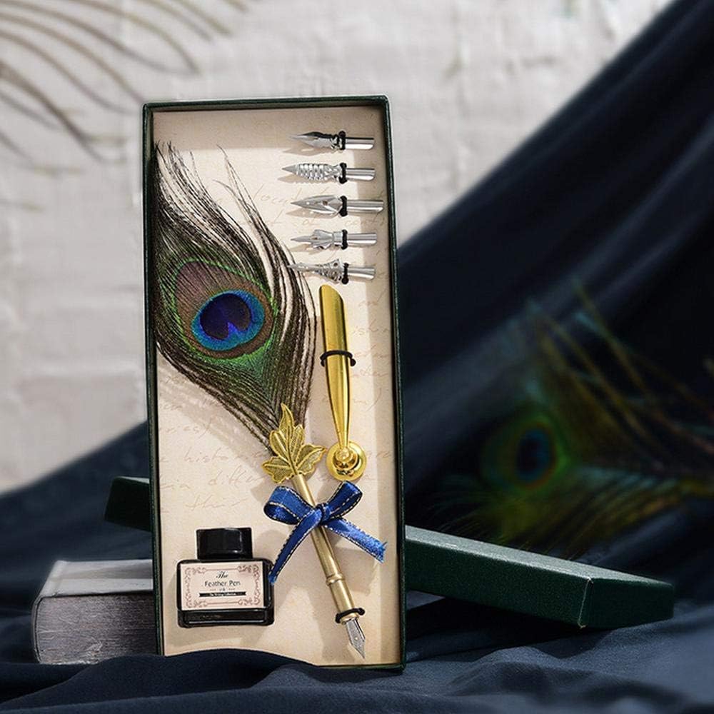 Peacock Feather Pen Set Antique Calligraphy Writing Quill Ink Dip Pen with Holder - Image 3