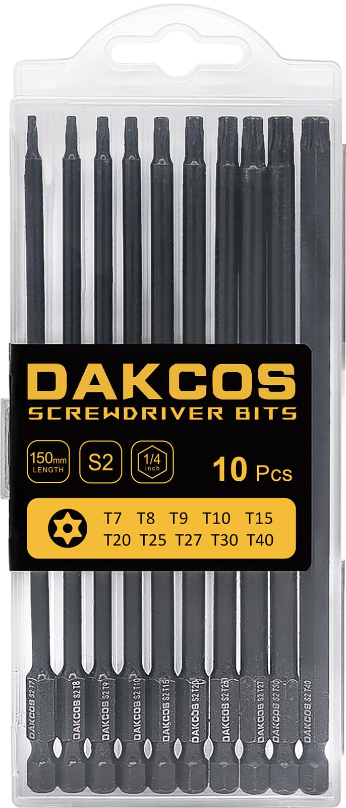 DAKCOS 150mm T7 - T40 Long Torx Bit Set, 10-Piece Tamper Proof Security Star Bits, Premium S2 Alloy Steel