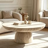 WILLIAMSPACE 31.5" Round Faux Marble Coffee Table with Base for Living Room | Modern Living Room Center Table, Mars Pattern, Travertine Drum Coffee Table, Circle Fiberglass Tea Table for Apartment-Beige