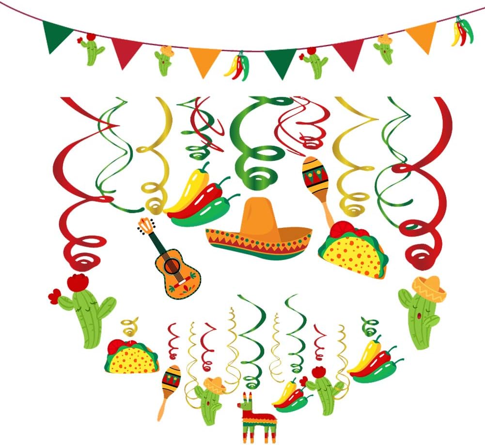 Fiesta Party Banner and Cinco De Mayo Hanging Swirl Decorations - Mexican Themed Favors with Cactus, Guitar, Chili, Sombrero, Taco