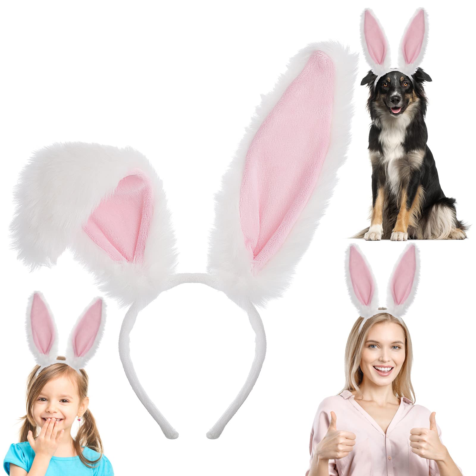 Sibba Bunny Ears Headband Cute Easter Plush Rabbit Ears Hairbands Cosplay Costume Fancy Dress Up Accessories Hair Styling Party Favor Decoration Fluffy Headpiece Christmas Party Adults White&Pink